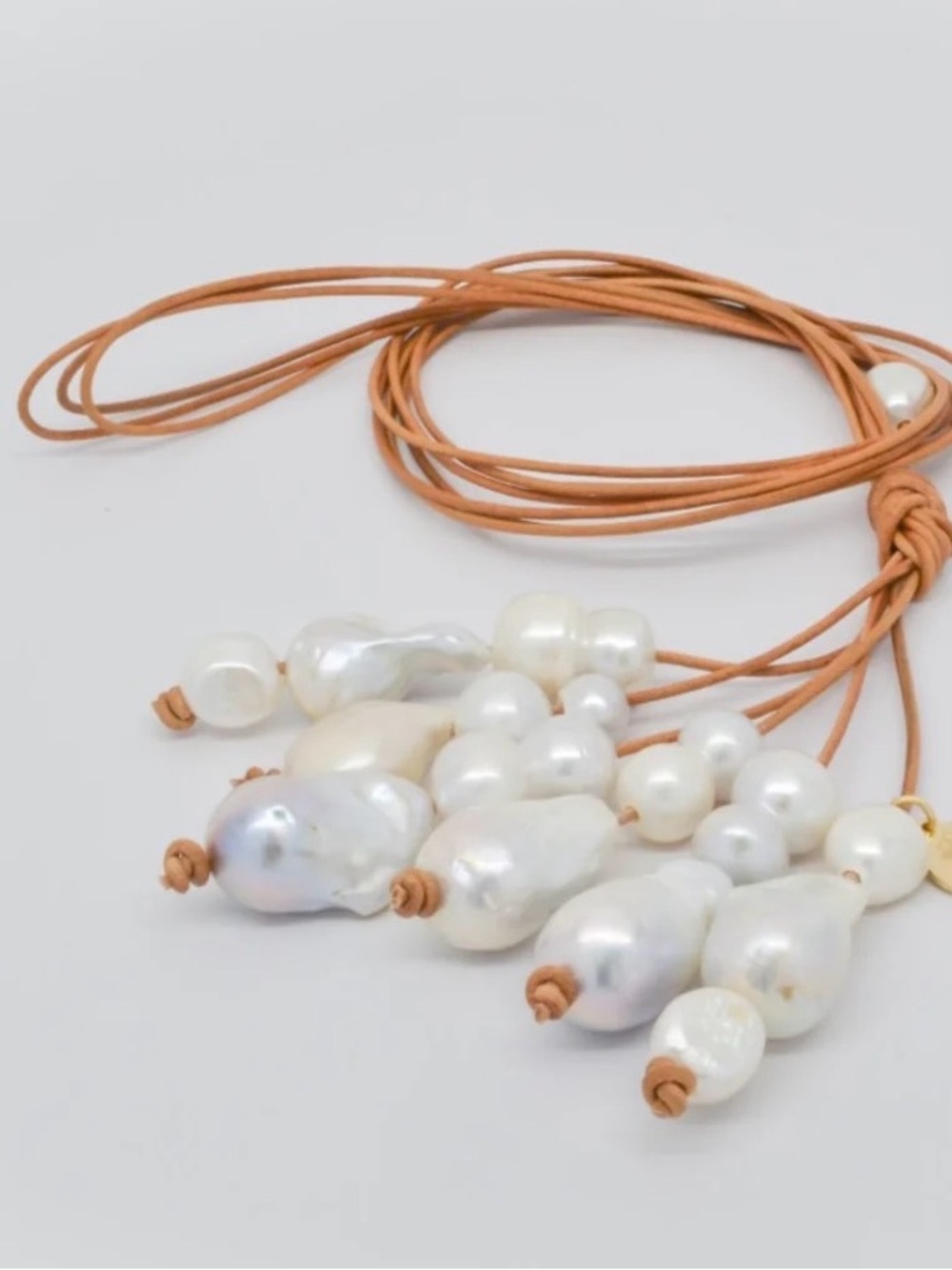 Perle by Lola Bundle/ Tassel Necklace on Natural Leather with Baroque Pearls